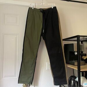 NWT MANASTASH olive green black tan colorblock patchwork straight leg athletic